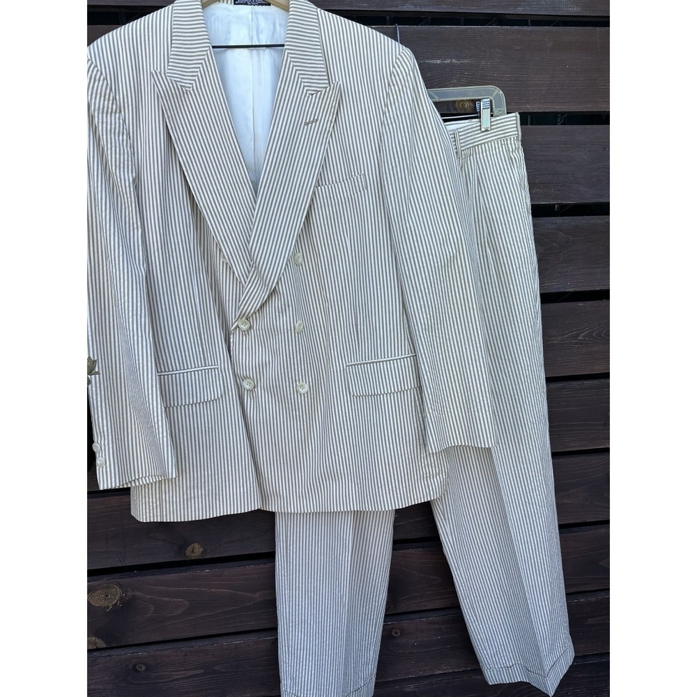 Vtg Men's Huntington 100% Cotton Cream Seersucker Suit Size 44R / 38 Pants